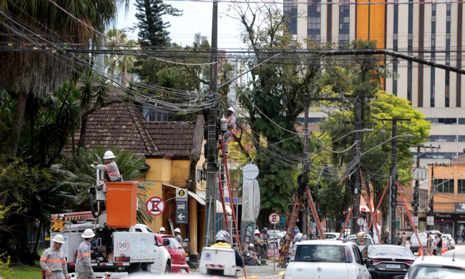 Mutirão de limpeza retira 700 kg de fios desativados na rua Rio Branco e Travessa Bachmann